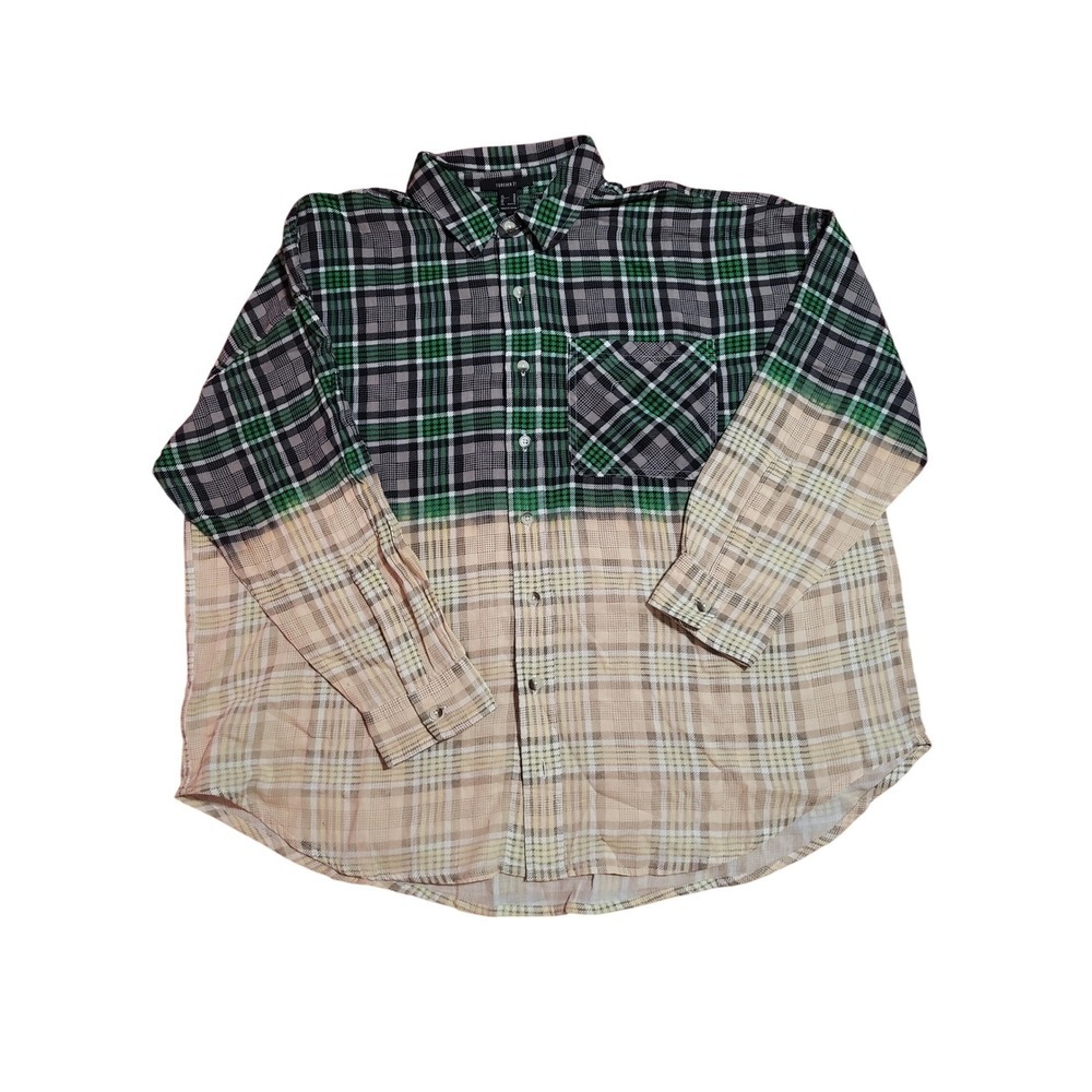 FOREVER 21 Two Tone Plaid Flannel Shirt Men's Green Tan Bleached SIZE M - Picture 3 of 4